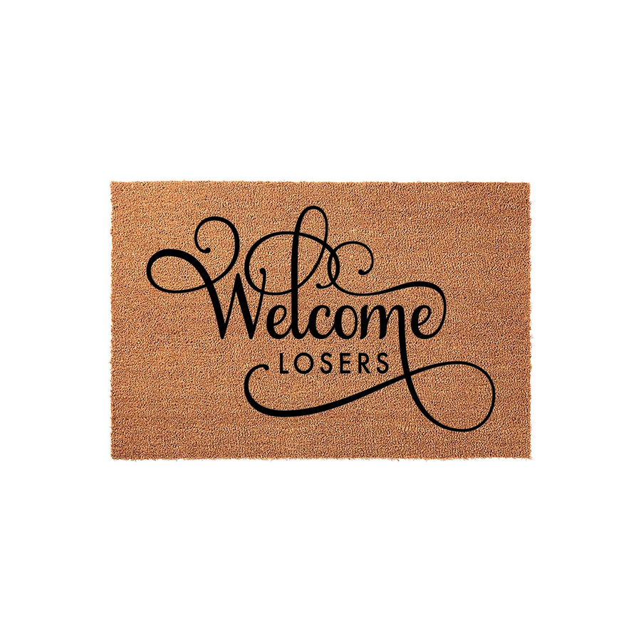 Funny Welcome Losers doormat featuring natural coir fiber texture and bold black script lettering, designed as a humorous front porch decor piece to greet guests with a playful and sarcastic message at your home entrance.