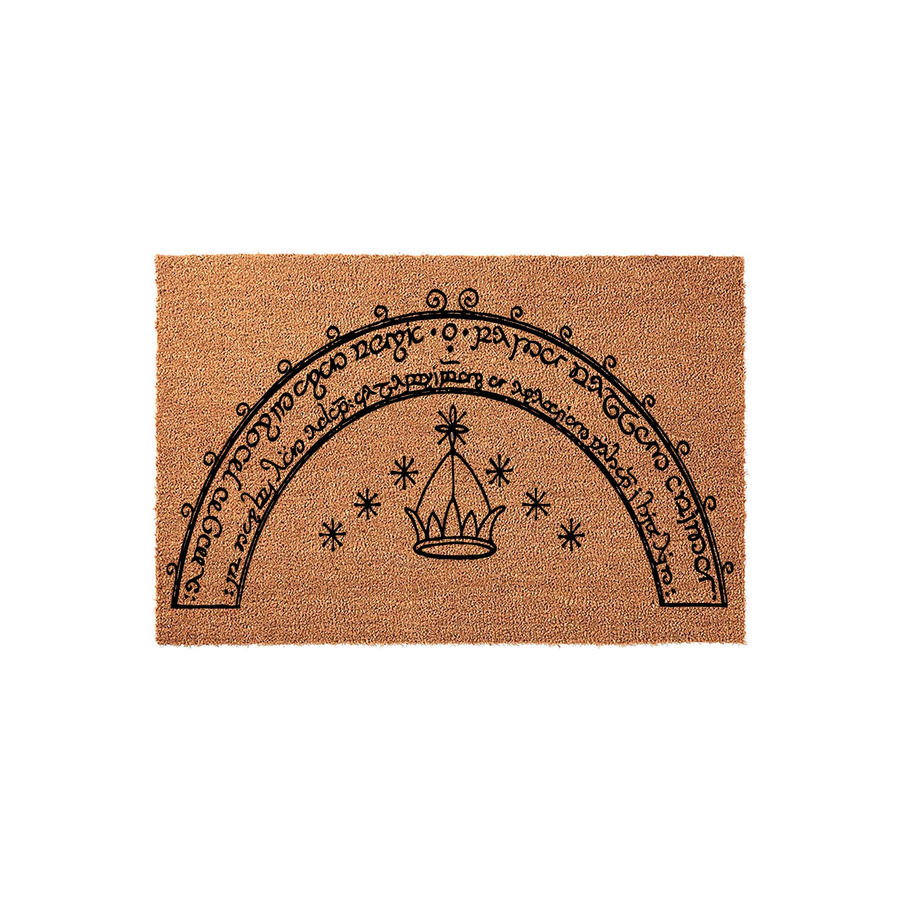Fantasy-themed coir doormat featuring a black printed design of a crown and stars inspired by epic literature, set against a natural tan textured background that adds a touch of adventure to any home entryway or front porch decor.