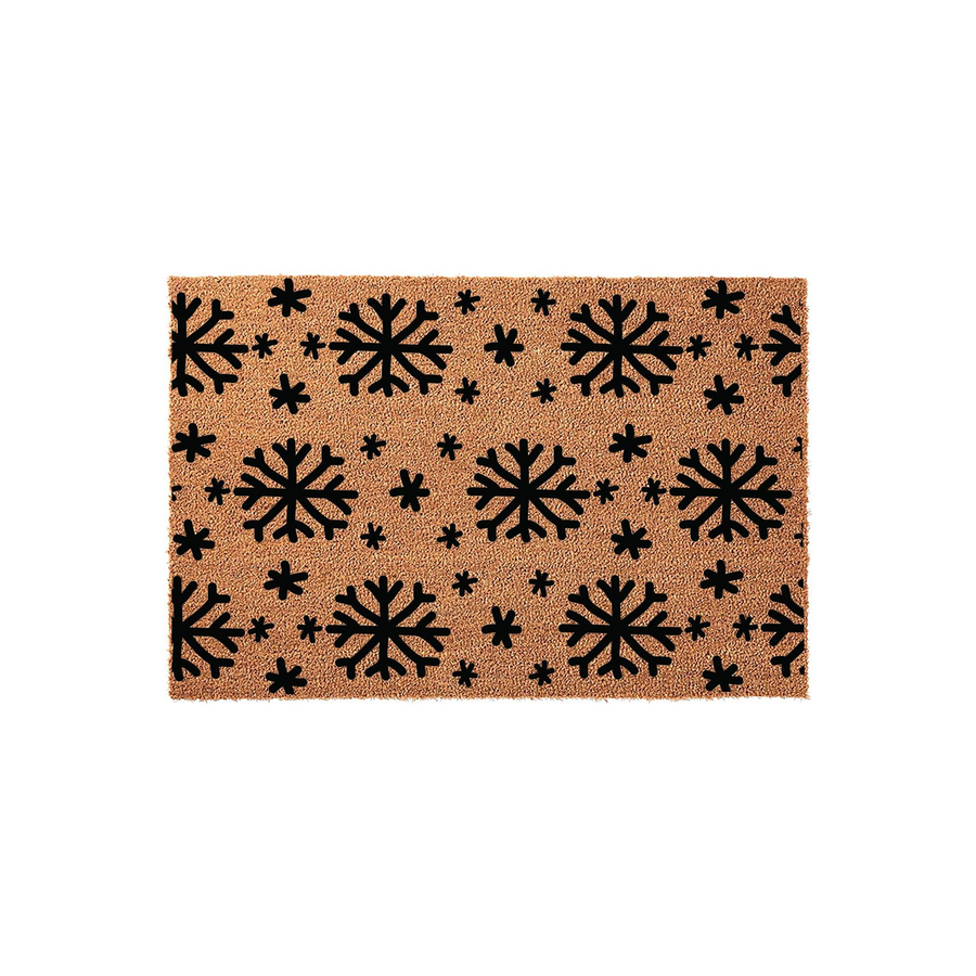 Winter Snowflake Coir Doormat featuring a natural tan fiber texture decorated with a repeating pattern of bold black snowflakes, creating a festive holiday entryway decor piece for your front porch during the cold winter season.