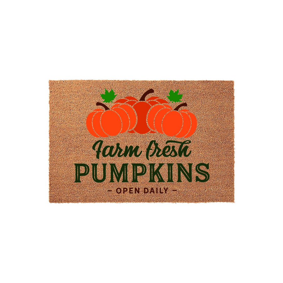 Farm Fresh Pumpkins coir doormat featuring a festive autumn design with bright orange pumpkins and green leaves, perfect for adding a rustic seasonal touch to your front porch decor during the fall harvest season.