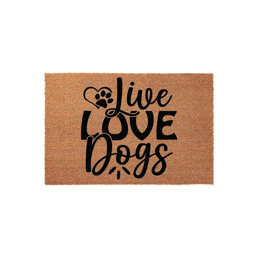 Live Love Dogs coir doormat featuring a rustic tan natural fiber texture with bold black lettering and a decorative paw print heart icon, creating a charming entryway accent for any dog lover home decor style on a plain white