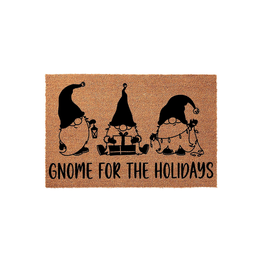 Gnome for the Holidays coir doormat featuring three cute black silhouette gnomes holding a lantern, a gift, and string lights, set against a natural brown textured fiber background for a festive winter entryway decoration.