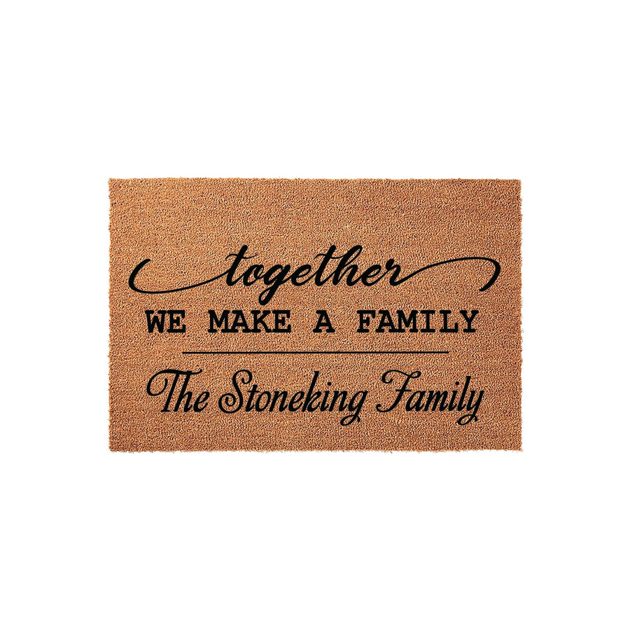 Personalized Family Name Coir Doormat featuring the phrase Together We Make A Family in black script and block lettering on a natural brown fiber background, creating a welcoming entrance for any home with a custom last name