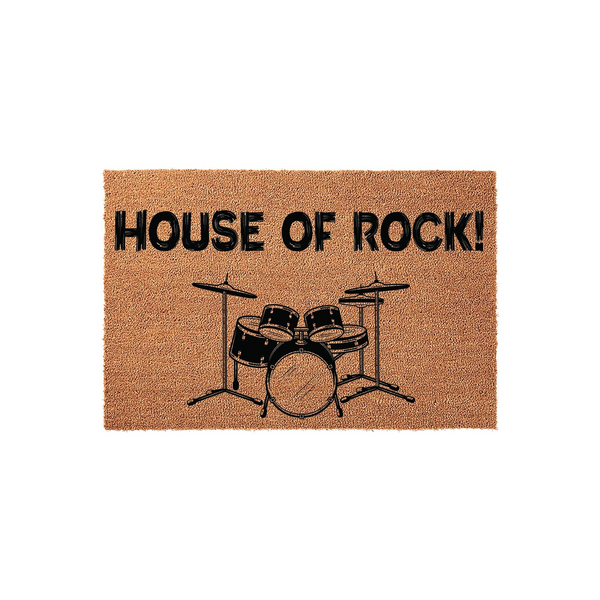 House of Rock drum set coir doormat featuring a natural brown fiber texture with bold black text and a detailed illustration of a drum kit, making it a fun music-themed entrance rug for any musician or rock and roll fan home