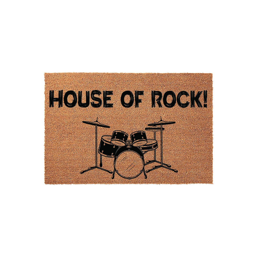 House of Rock drum set coir doormat featuring a natural brown fiber texture with bold black text and a detailed illustration of a drum kit, making it a fun music-themed entrance rug for any musician or rock and roll fan home