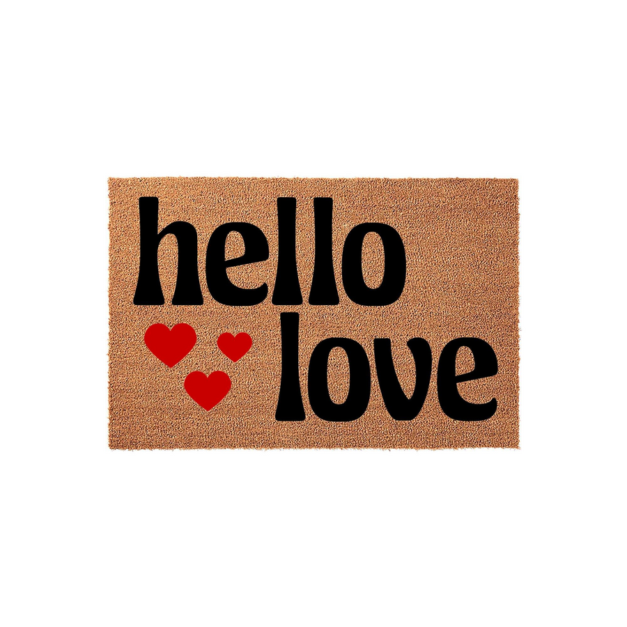 Hello Love coir doormat featuring bold black typography on a natural tan fiber background, accented with three small red hearts between the words to create a welcoming entrance decor piece for your home front porch or entryway.