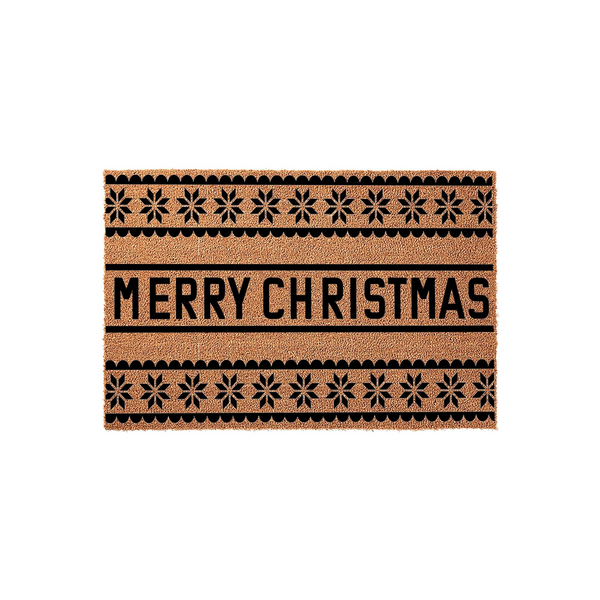 Merry Christmas coir doormat featuring a festive black snowflake pattern and scalloped borders on a natural tan fiber background, creating a classic holiday entryway decor piece for your front porch during the winter season.