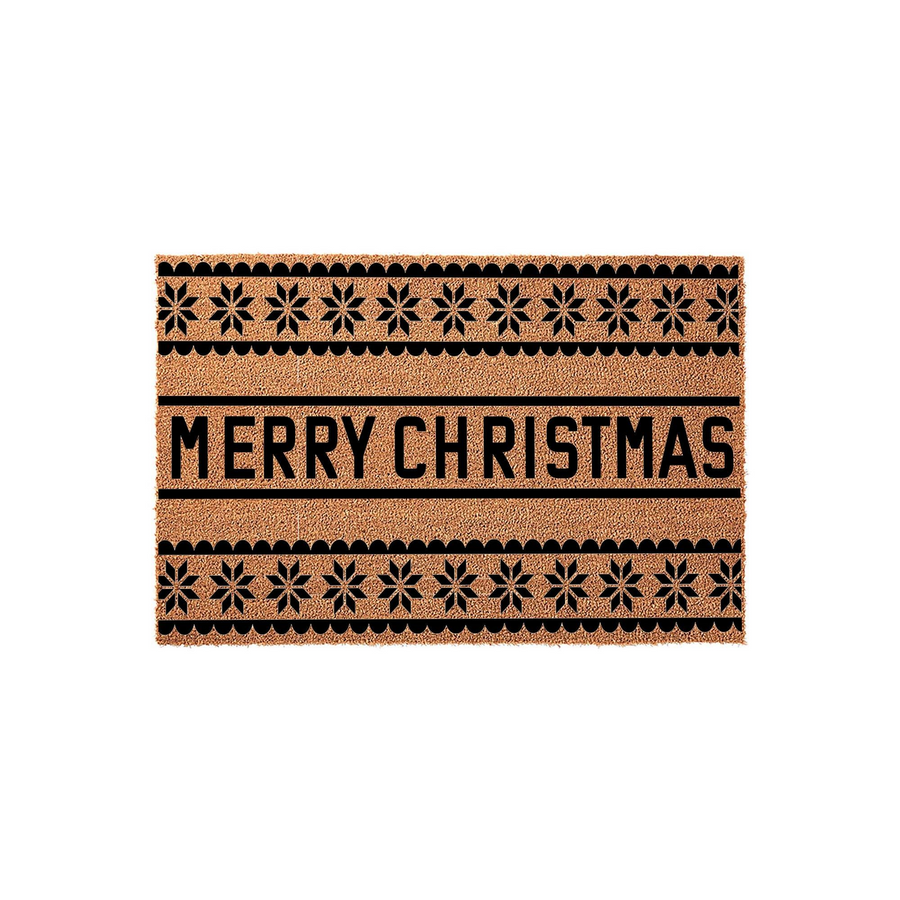 Merry Christmas coir doormat featuring a festive black snowflake pattern and scalloped borders on a natural tan fiber background, creating a classic holiday entryway decor piece for your front porch during the winter season.