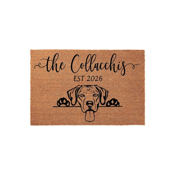 Personalized Dog Breed Coir Doormat featuring a cute Boxer dog peeking over a line with custom family name text and established year, set against a clean white background for a welcoming and durable home entrance decor piece.