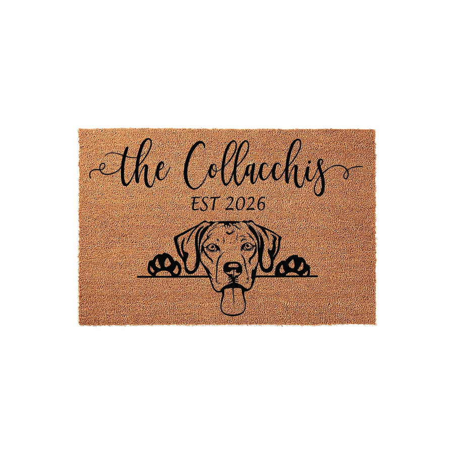 Personalized Dog Breed Coir Doormat featuring a cute Boxer dog peeking over a line with custom family name text and established year, set against a clean white background for a welcoming and durable home entrance decor piece.