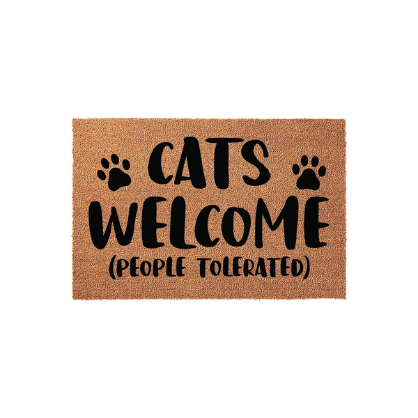 Cats Welcome People Tolerated coir doormat featuring a humorous message in bold black lettering with two paw prints on a natural brown fiber background, perfect for a cat lover's front porch or entryway decor.