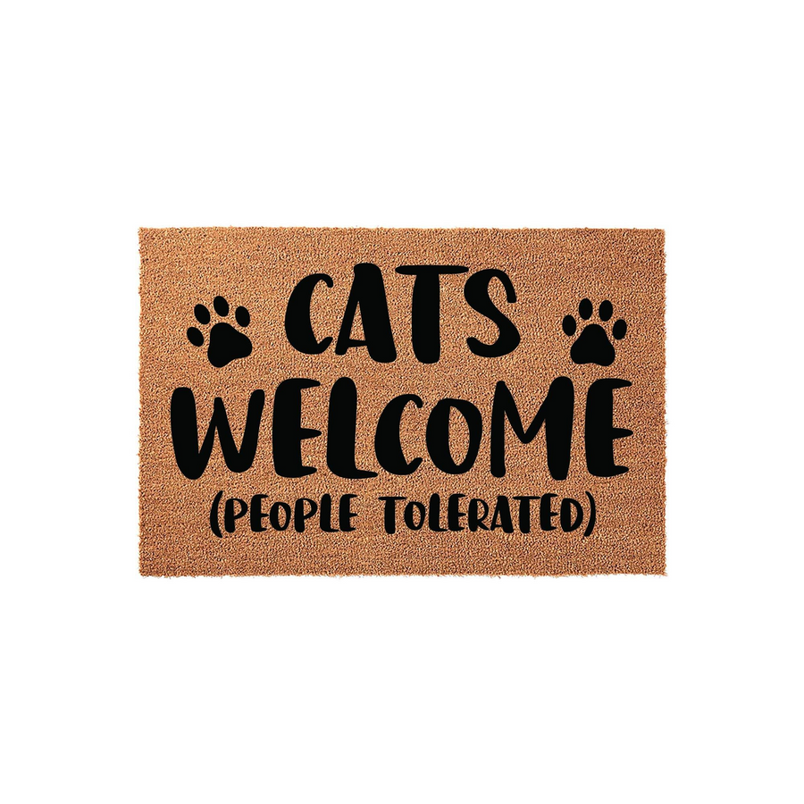 Cats Welcome People Tolerated coir doormat featuring a humorous message in bold black lettering with two paw prints on a natural brown fiber background, perfect for a cat lover's front porch or entryway decor.