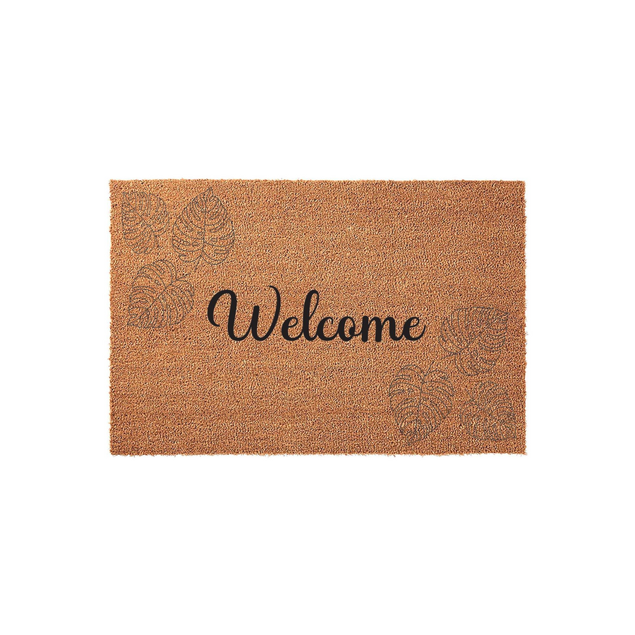 Tropical Monstera Leaf Welcome Doormat featuring a natural coir fiber texture with black script lettering in the center and delicate line-art monstera leaves printed in the top left and bottom right corners on a plain white
