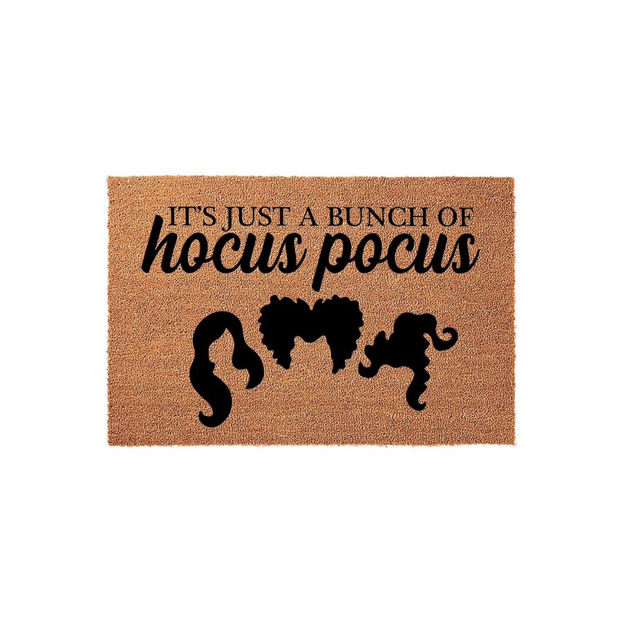 Hocus Pocus Halloween doormat featuring a natural coir texture with black text that reads It's Just A Bunch Of Hocus Pocus, accompanied by the iconic silhouette hairstyles of the three witch sisters for a festive fall porch