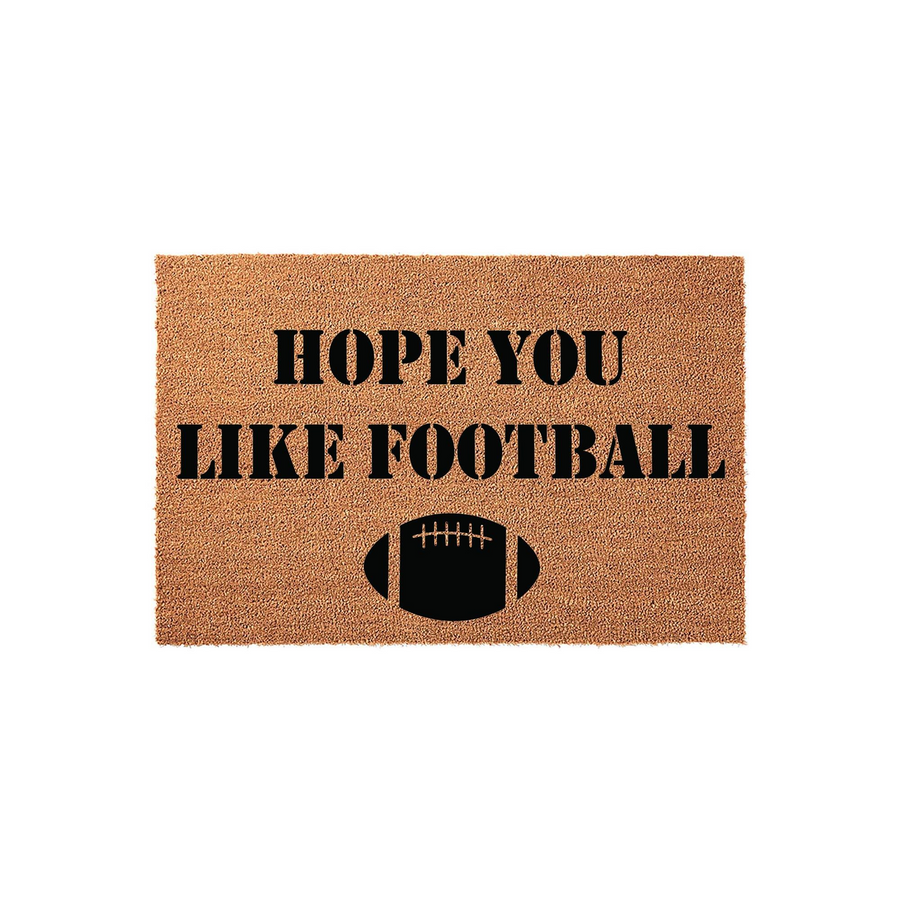 Hope You Like Football coir doormat featuring bold black text and a graphic of a football centered on a natural brown fiber background, making it a fun and sporty welcome mat for any front porch or entryway during the sports