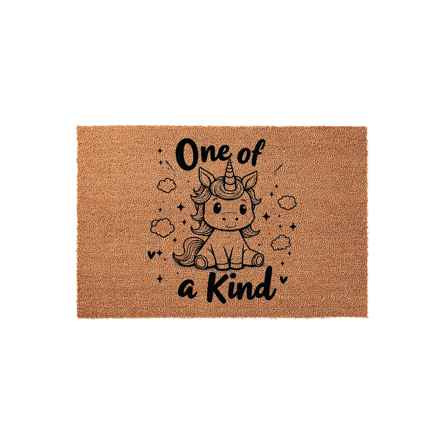 One of a Kind unicorn coir doormat featuring a cute illustrated baby unicorn surrounded by small clouds and stars, printed in black ink on a natural brown textured coconut fiber mat for a whimsical entryway decor accent.