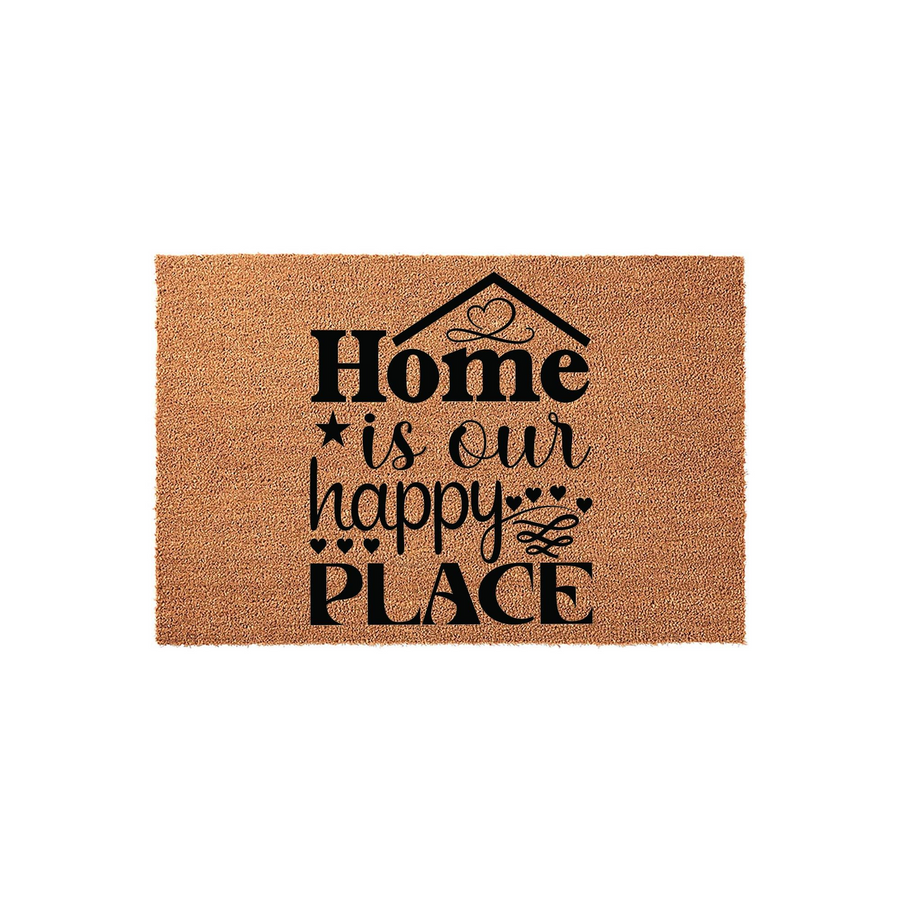 Home Is Our Happy Place coir doormat featuring a natural brown fiber texture and bold black typography, accented with a house outline and small heart icons to create a welcoming entrance for any front porch or entryway decor.