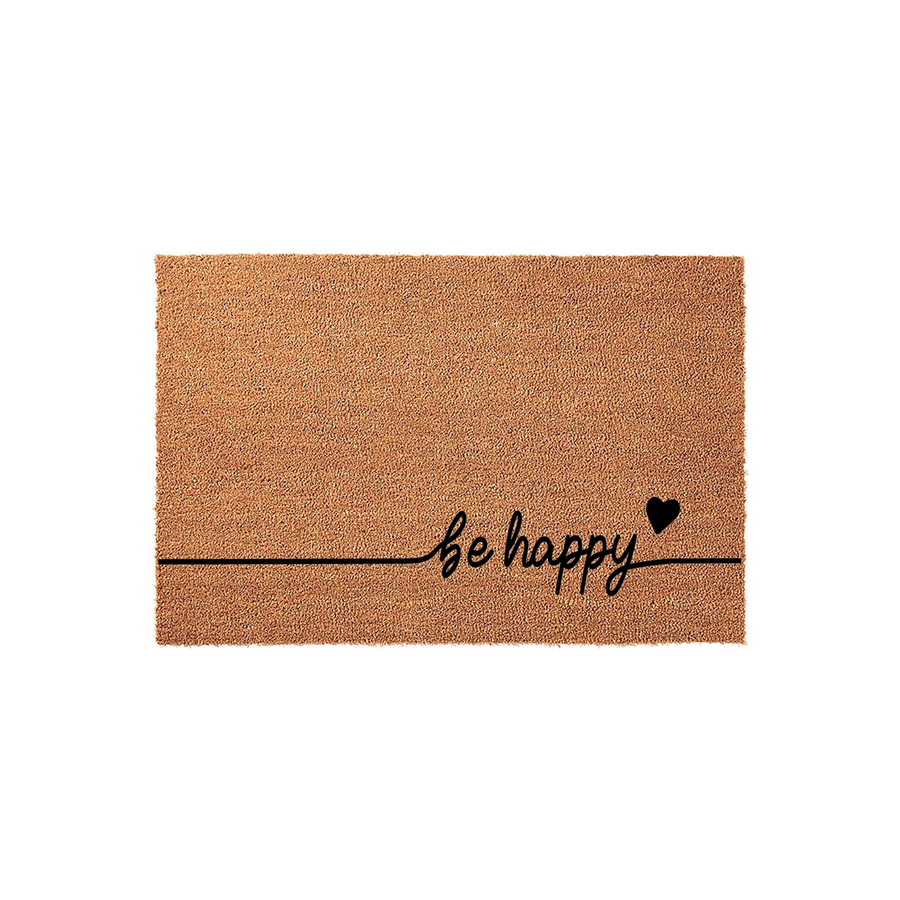 Be Happy Coir Doormat featuring a natural brown fiber texture with a black script font message and a small heart icon, displayed against a clean white background to showcase the minimalist front porch decor style for your home