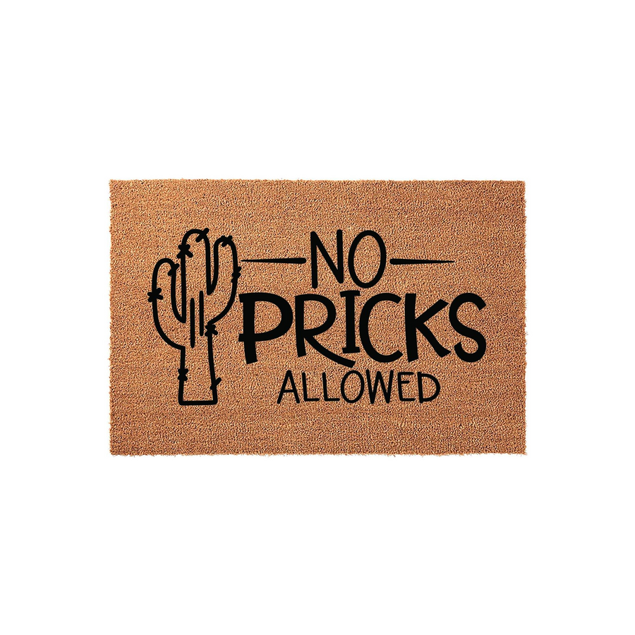 No Pricks Allowed cactus doormat featuring a natural coir fiber texture and bold black typography, showcasing a fun desert-themed design that adds a humorous touch to any front porch entryway or home decor setting for plant