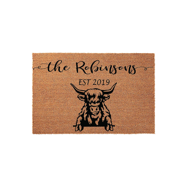 Personalized Highland Cow Doormat featuring a rustic coir texture with a black printed illustration of a Highland cow, custom family name text, and an established year date, making a charming addition to any farmhouse front porch