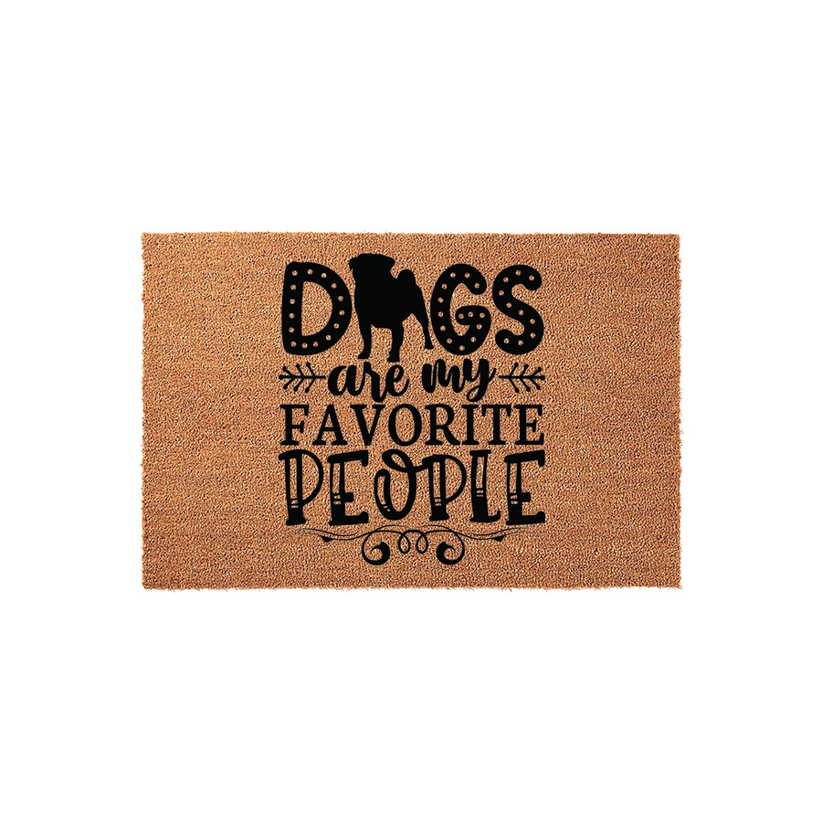 Dogs Are My Favorite People coir doormat featuring a black silhouette of a dog integrated into the word Dogs, set against a natural brown textured background for a charming and welcoming front porch decor piece for any dog lover.