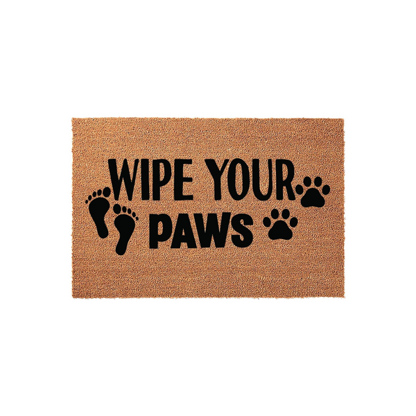 Wipe Your Paws natural coir doormat featuring bold black text and playful human footprint and animal paw print icons, set against a plain white background for a clean and welcoming entryway decor style for any pet-loving home.