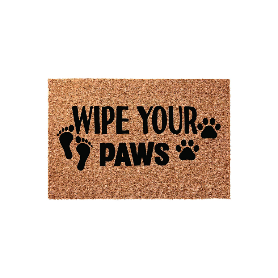 Wipe Your Paws natural coir doormat featuring bold black text and playful human footprint and animal paw print icons, set against a plain white background for a clean and welcoming entryway decor style for any pet-loving home.