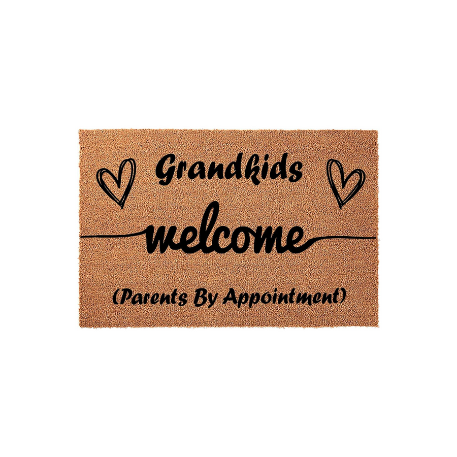 Grandkids Welcome Doormat featuring a natural coir texture with black text that reads Grandkids welcome and Parents By Appointment, accented by two hand-drawn heart illustrations on a clean white studio background for a front