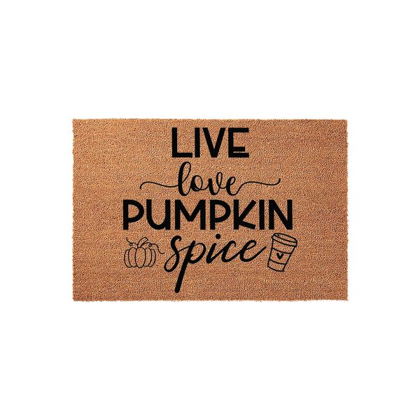 Live Love Pumpkin Spice coir doormat featuring a natural brown fiber texture with black text and cute icons of a small pumpkin and a coffee cup, creating a festive fall entryway decor piece for your home during the autumn season.