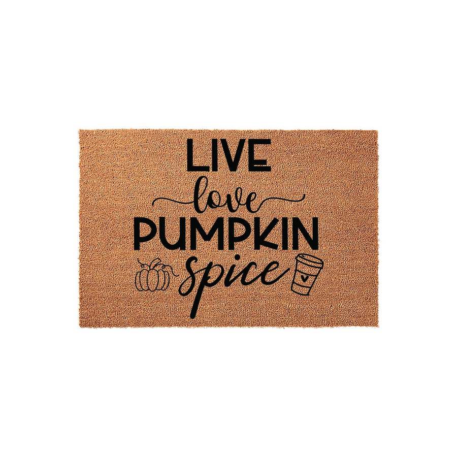 Live Love Pumpkin Spice coir doormat featuring a natural brown fiber texture with black text and cute icons of a small pumpkin and a coffee cup, creating a festive fall entryway decor piece for your home during the autumn season.