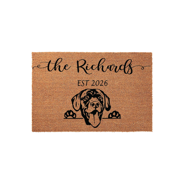 Personalized Labrador Retriever doormat featuring a natural coir texture with a black printed dog illustration, custom family name, and established year, creating a welcoming entrance for any dog-loving home on a plain white