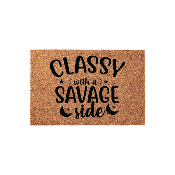 Classy with a savage side coir doormat featuring bold black typography on a natural tan fiber background, accented with stars and crescent moon icons for a fun, modern entryway decor piece that adds personality to any front porch.