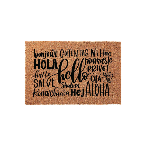 Multilingual Hello Welcome Doormat featuring a natural coir texture with black printed text that displays various international greetings, centered around a large script hello, set against a clean and simple white studio