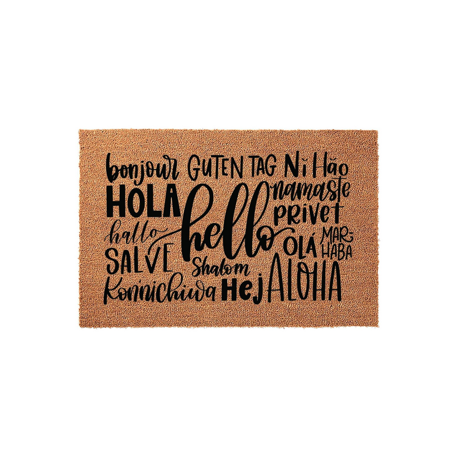 Multilingual Hello Welcome Doormat featuring a natural coir texture with black printed text that displays various international greetings, centered around a large script hello, set against a clean and simple white studio