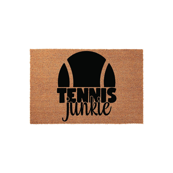 Tennis Junkie coir doormat featuring a bold black tennis ball graphic and stylized typography on a natural brown fiber background, making it a fun outdoor welcome mat for any tennis player or sports enthusiast home entrance.