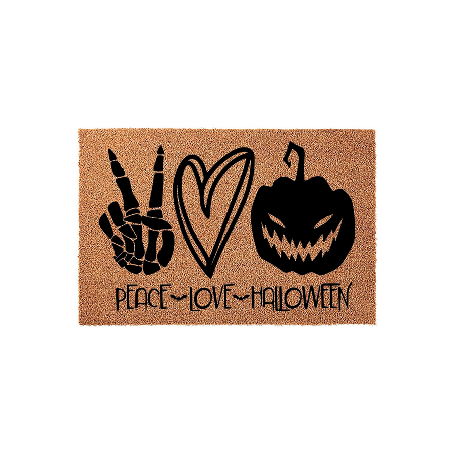Peace Love Halloween doormat made of natural coir fiber featuring a black printed design of a skeleton hand peace sign, a heart, and a spooky jack-o-lantern pumpkin, perfect for seasonal fall porch decor and festive entryway