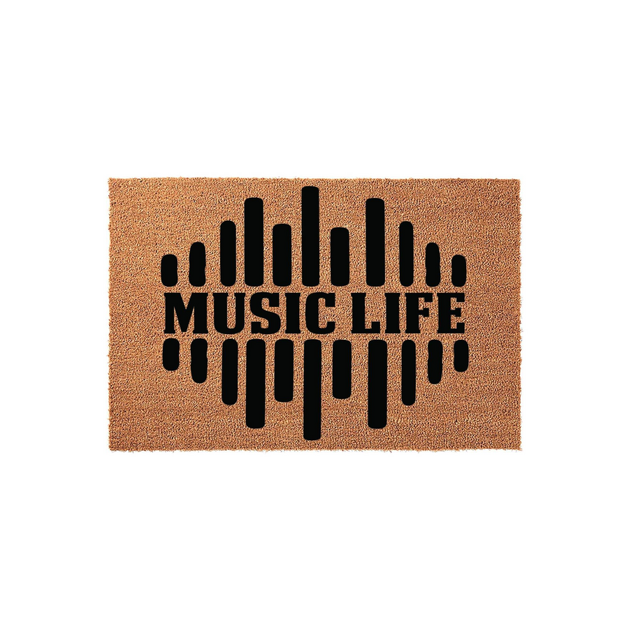 Music Life coir doormat featuring a bold black sound wave graphic printed on a natural tan fiber background, creating a stylish entryway accent for any musician or music lover who wants to showcase their passion right at the