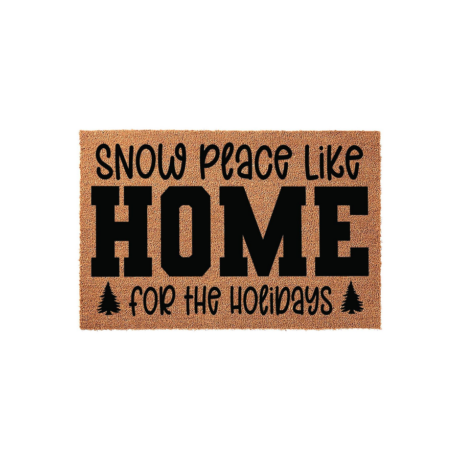 Snow Peace Like Home for the Holidays coir doormat featuring a natural tan fiber texture with bold black typography and small pine tree icons, creating a festive winter welcome for your front porch entryway during the Christmas