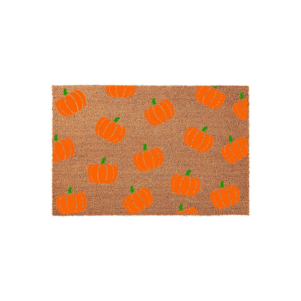 Pumpkin Pattern Fall Doormat featuring a natural coir texture background covered in a repeating print of bright orange pumpkins with green stems, creating a festive autumn entryway decor piece for your front porch or home