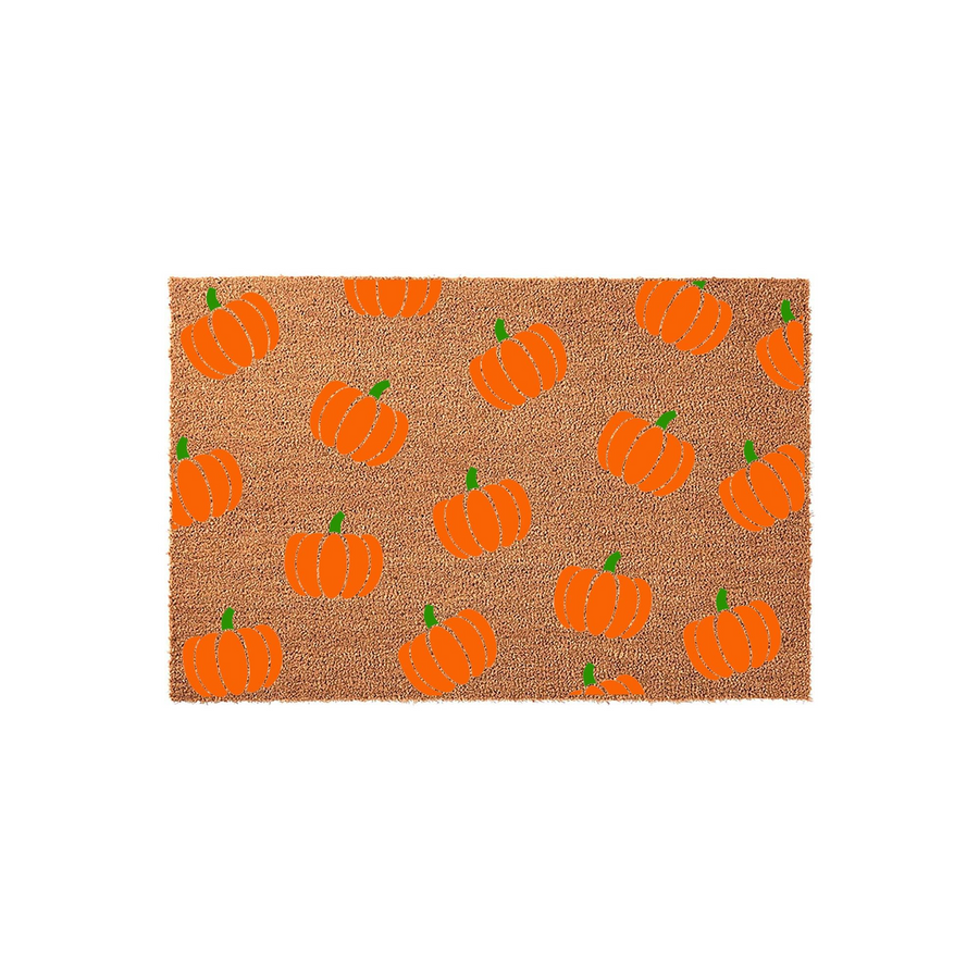 Pumpkin Pattern Fall Doormat featuring a natural coir texture background covered in a repeating print of bright orange pumpkins with green stems, creating a festive autumn entryway decor piece for your front porch or home