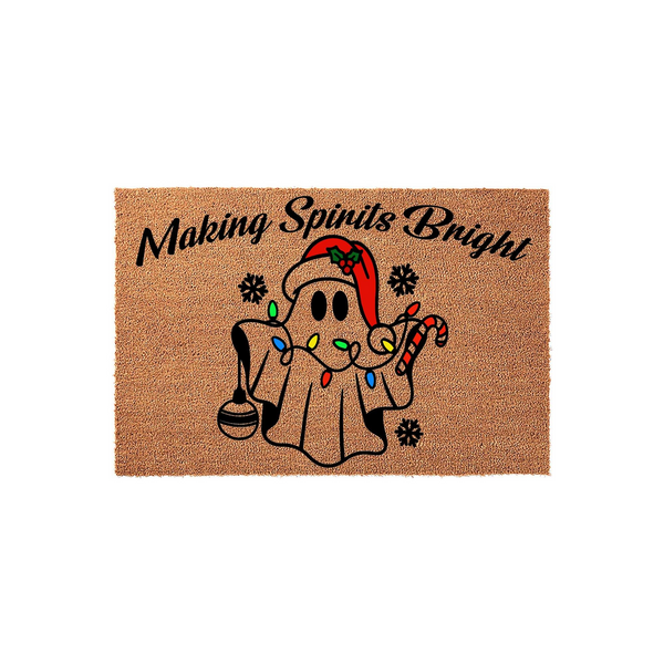 Making Spirits Bright Christmas doormat featuring a cute ghost wearing a Santa hat, wrapped in colorful holiday lights, and holding a candy cane and ornament on a natural coir fiber background for festive seasonal home decor.