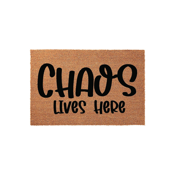 Chaos Lives Here coir doormat featuring bold black lettering on a natural brown fiber background, designed as a humorous front porch welcome mat for a busy family home that embraces the fun and messy side of daily life.