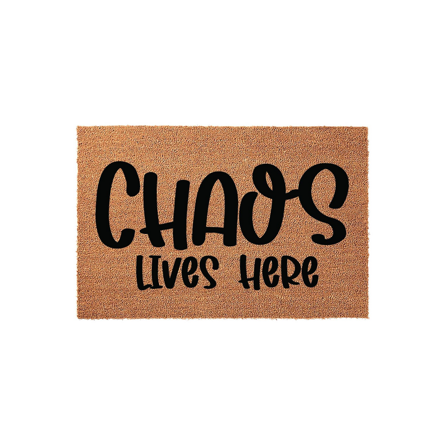 Chaos Lives Here coir doormat featuring bold black lettering on a natural brown fiber background, designed as a humorous front porch welcome mat for a busy family home that embraces the fun and messy side of daily life.
