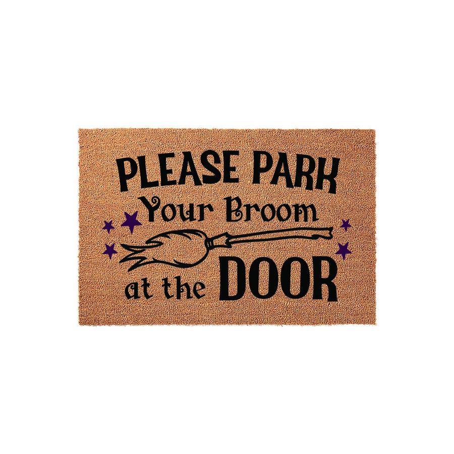 Halloween Broom Parking Doormat featuring a natural coir texture with black text that reads Please Park Your Broom at the Door, accented by purple stars and a whimsical broom illustration for a fun seasonal entryway decoration.