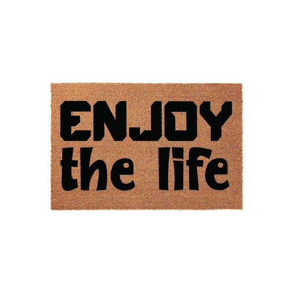 Enjoy the life coir doormat featuring a natural brown fiber texture and bold black lettering, providing a welcoming and durable entrance floor mat for your front porch or home entryway that adds a touch of simple, positive style.