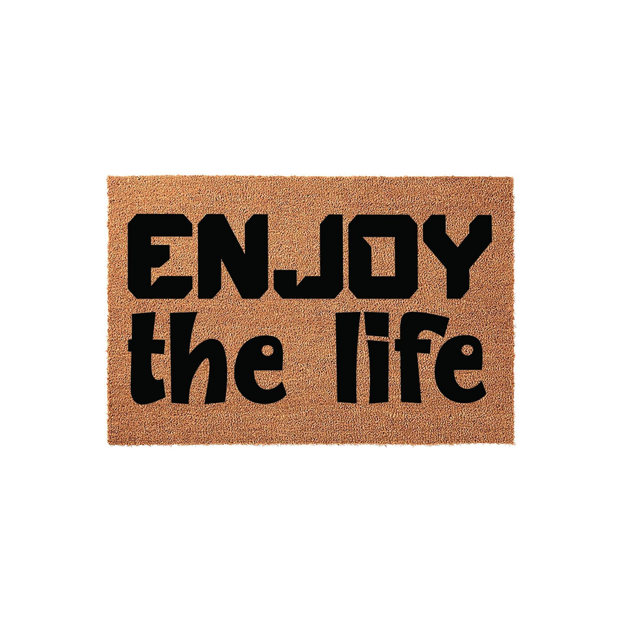 Enjoy the life coir doormat featuring a natural brown fiber texture and bold black lettering, providing a welcoming and durable entrance floor mat for your front porch or home entryway that adds a touch of simple, positive style.