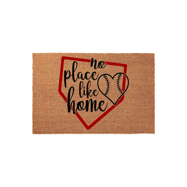 Baseball Home Plate Doormat featuring a natural coir texture with a red home plate graphic, a black heart-shaped baseball design, and the text no place like home printed in a stylish script font for a sports-themed front porch