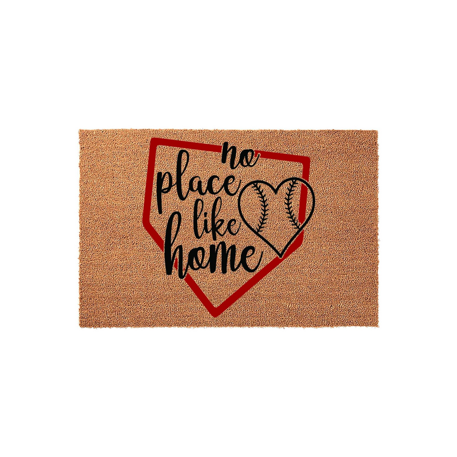Baseball Home Plate Doormat featuring a natural coir texture with a red home plate graphic, a black heart-shaped baseball design, and the text no place like home printed in a stylish script font for a sports-themed front porch