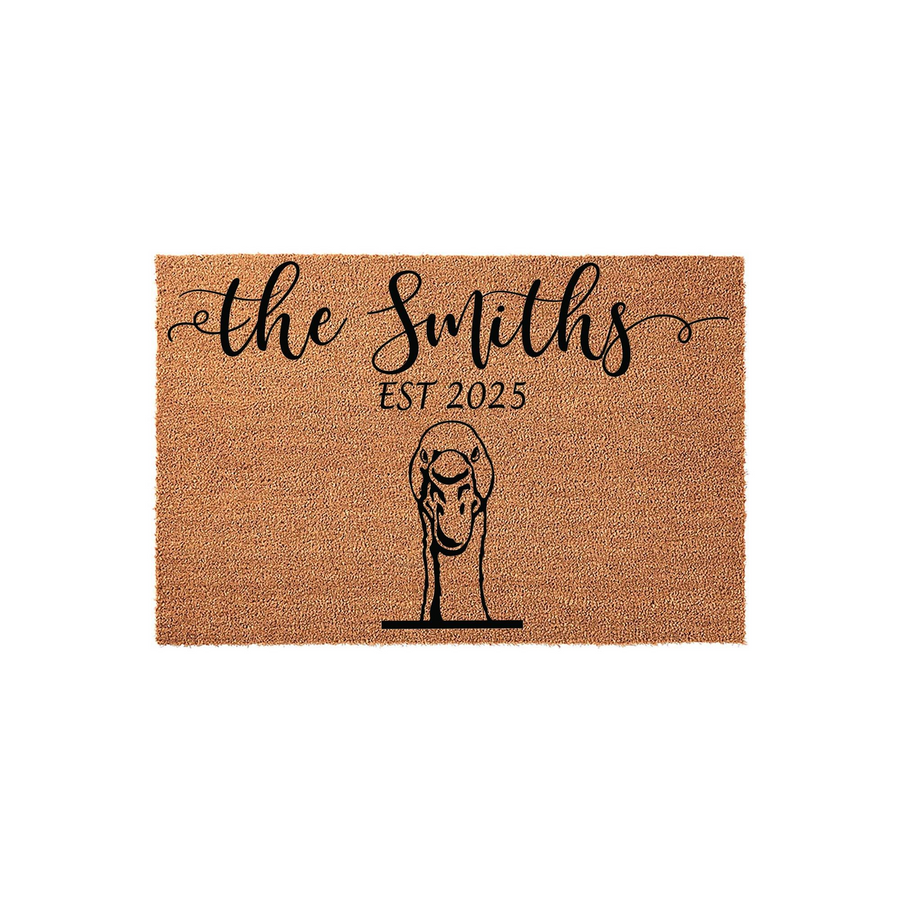 Personalized coir doormat featuring a black line art illustration of a goose, customized with a family name and established year in elegant script and block lettering against a natural brown textured background for a farmhouse