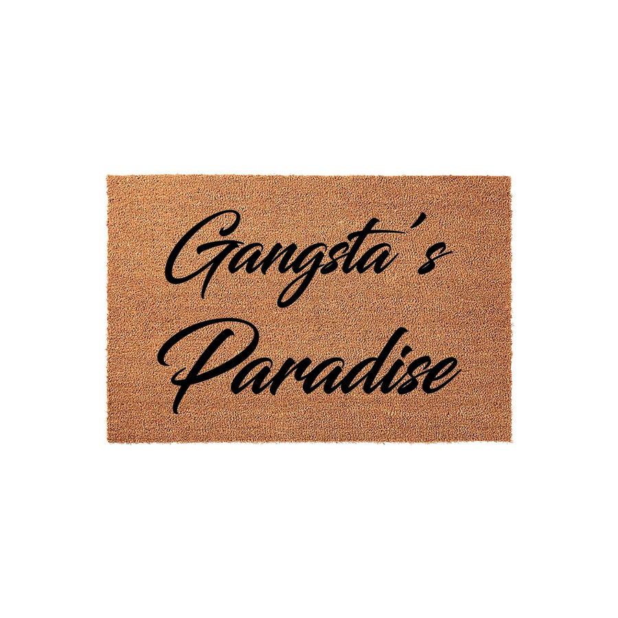 Gangsta's Paradise coir doormat featuring bold black cursive lettering centered on a natural brown fiber background, creating a fun and welcoming entrance piece for any home that appreciates a touch of humor at the front door.
